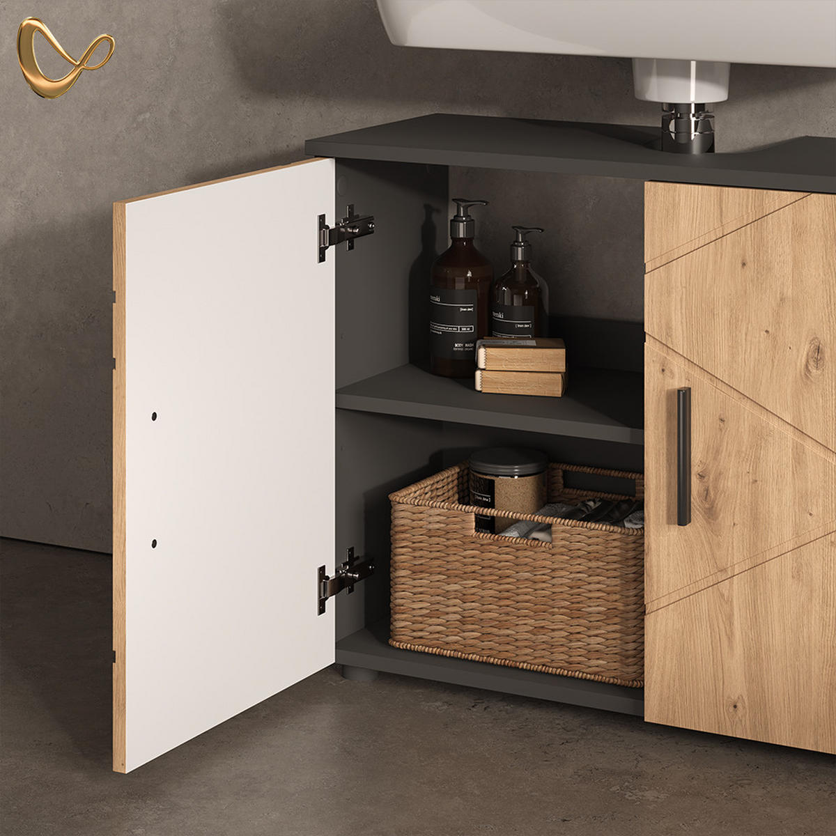 WASCHTISCHUNTERSCHRANK Ronco, Anthrazit/Artisan-Eiche, 80 x 59 cm mit 2 Türen - Anthrazit/Eiche Artisan, Holzwerkstoff (80/59/30cm) - Livinity®