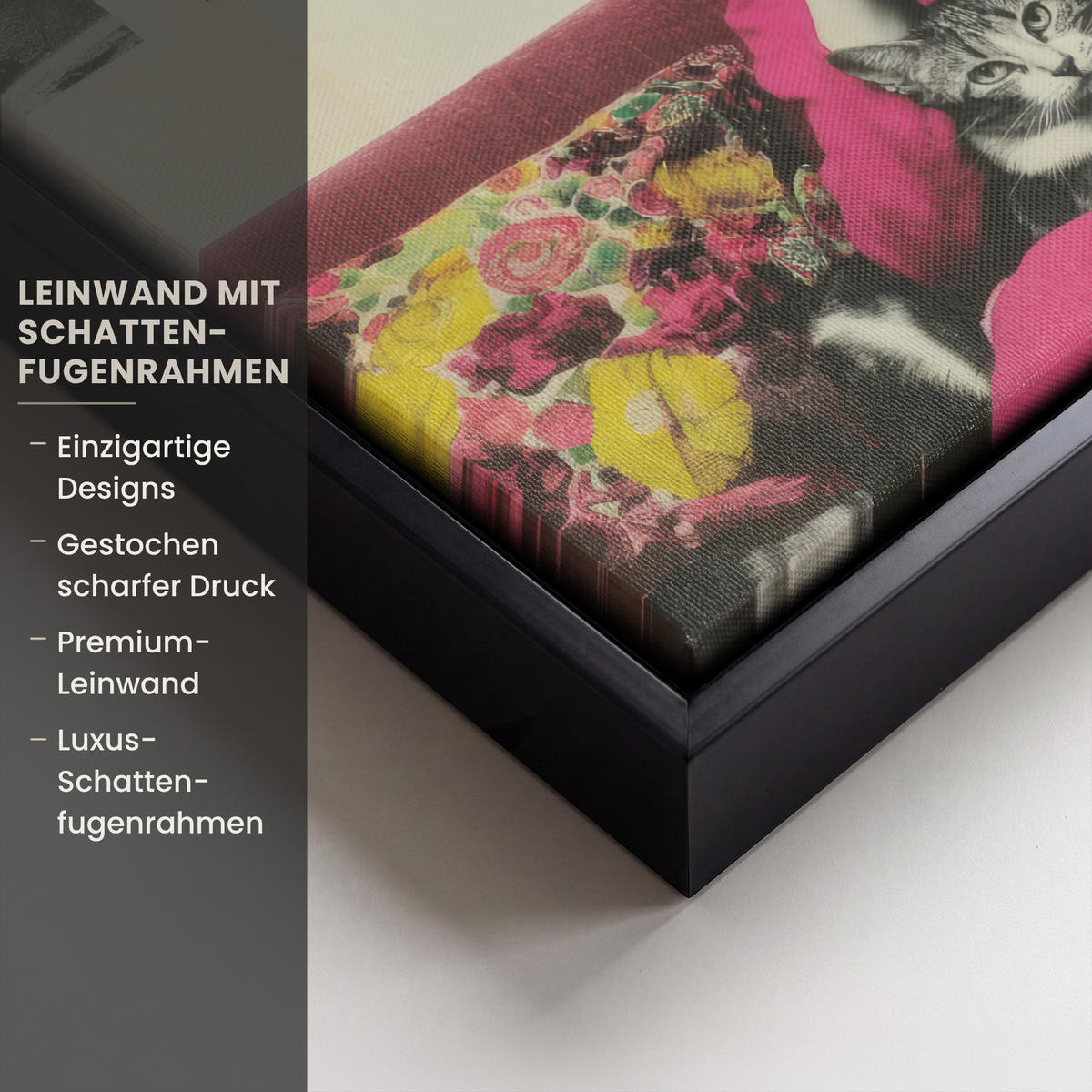 LEINWAND Bilder mit Rahmen - Frau - Katze - Blumen - Tasse - Retro - 40x30 - Magenta, Textil (40/30cm) - MuchoWow