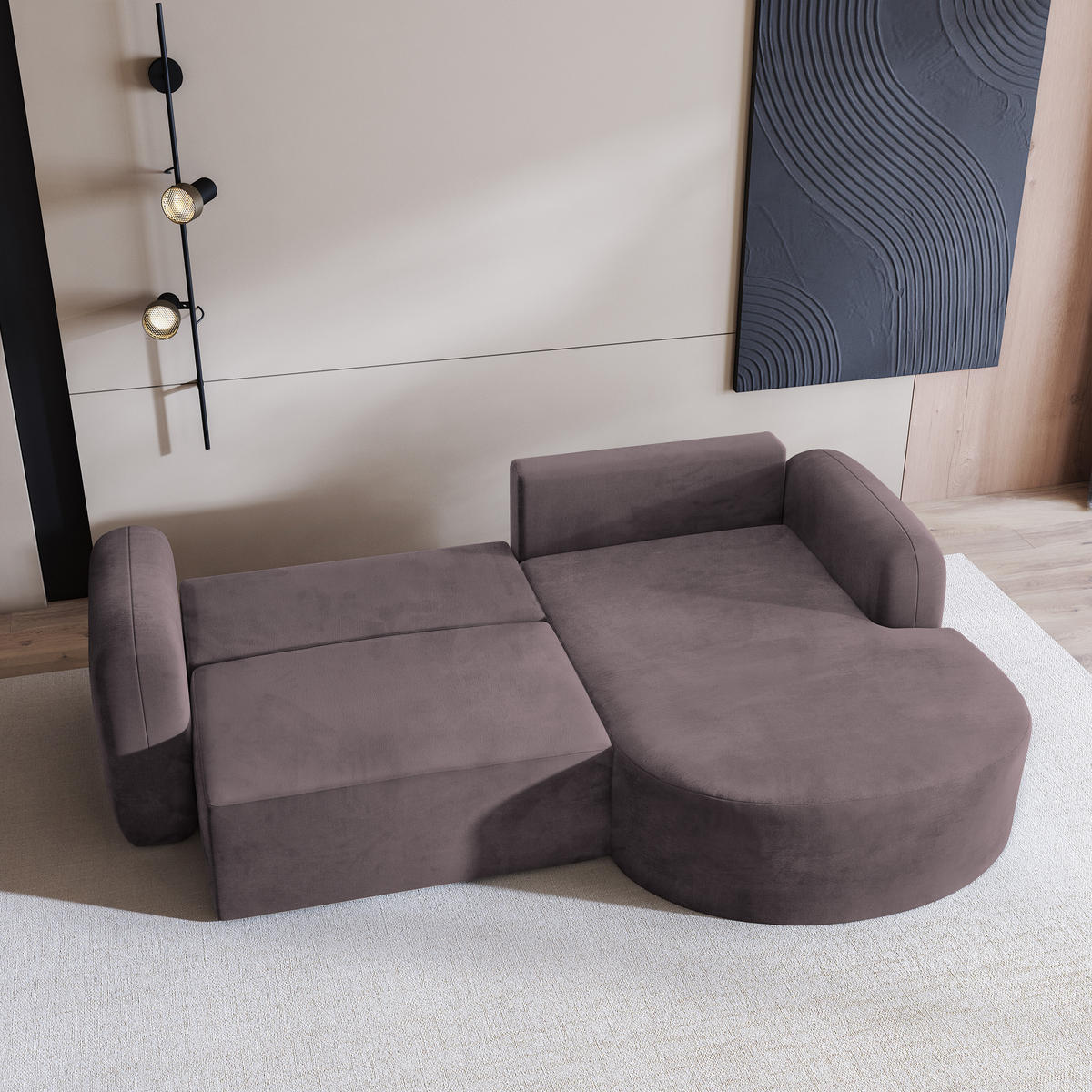 ECKSOFA AMILIA M R-S Lila Velours-Stoff mit Schlaffunktion - Lila, Holz (263/174cm) - MASSENO