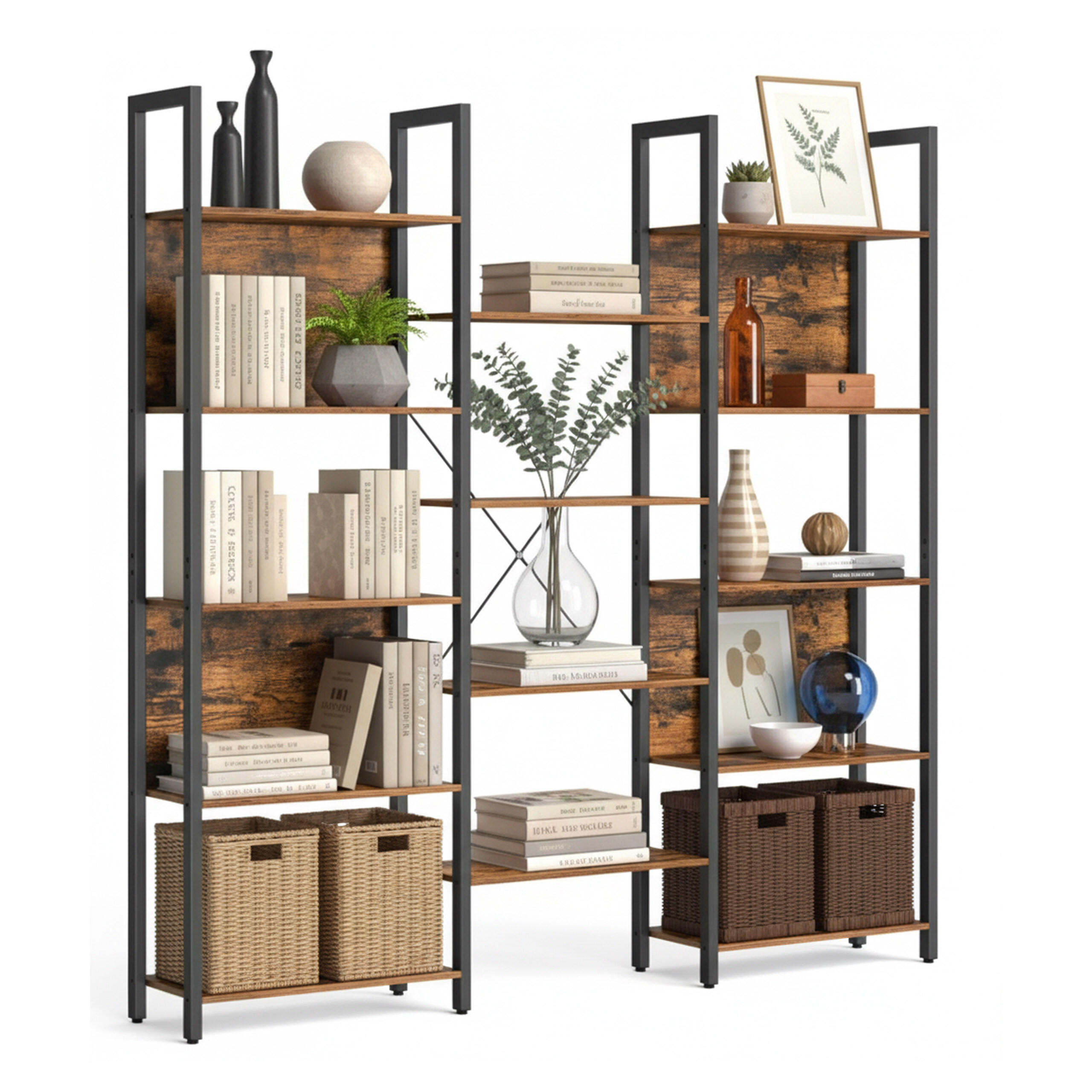 Relaxdays KNIHOVNA vintage hnědá 14 polic MDF 166 cm