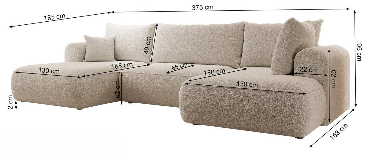 WOHNLANDSCHAFT Ovo Beige Boucle - Beige/Schwarz, Textil (375/95/185cm) - Selsey