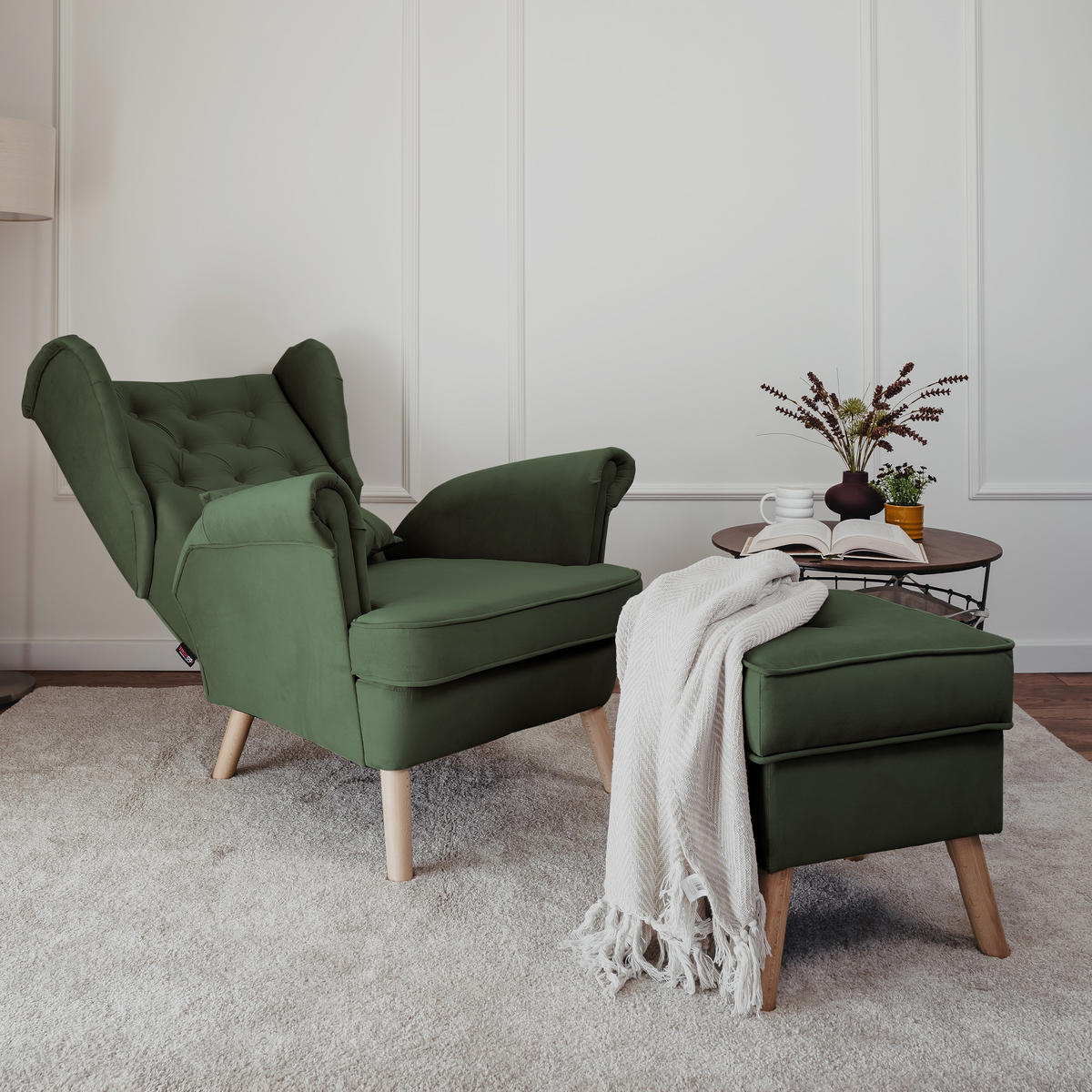 SESSEL mit Fußhocker Classic - Grün, Holz (92/107/80cm) - Idohome