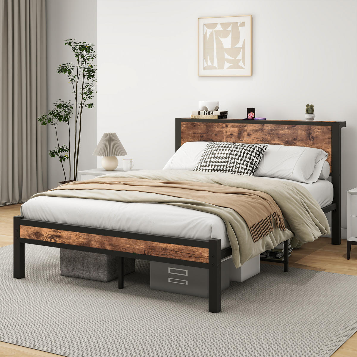 METALLBETT 140x200 cm Stauraum Kopfteil braun - Dunkelbraun, Holzwerkstoff (140/200cm) - LEBENLANG