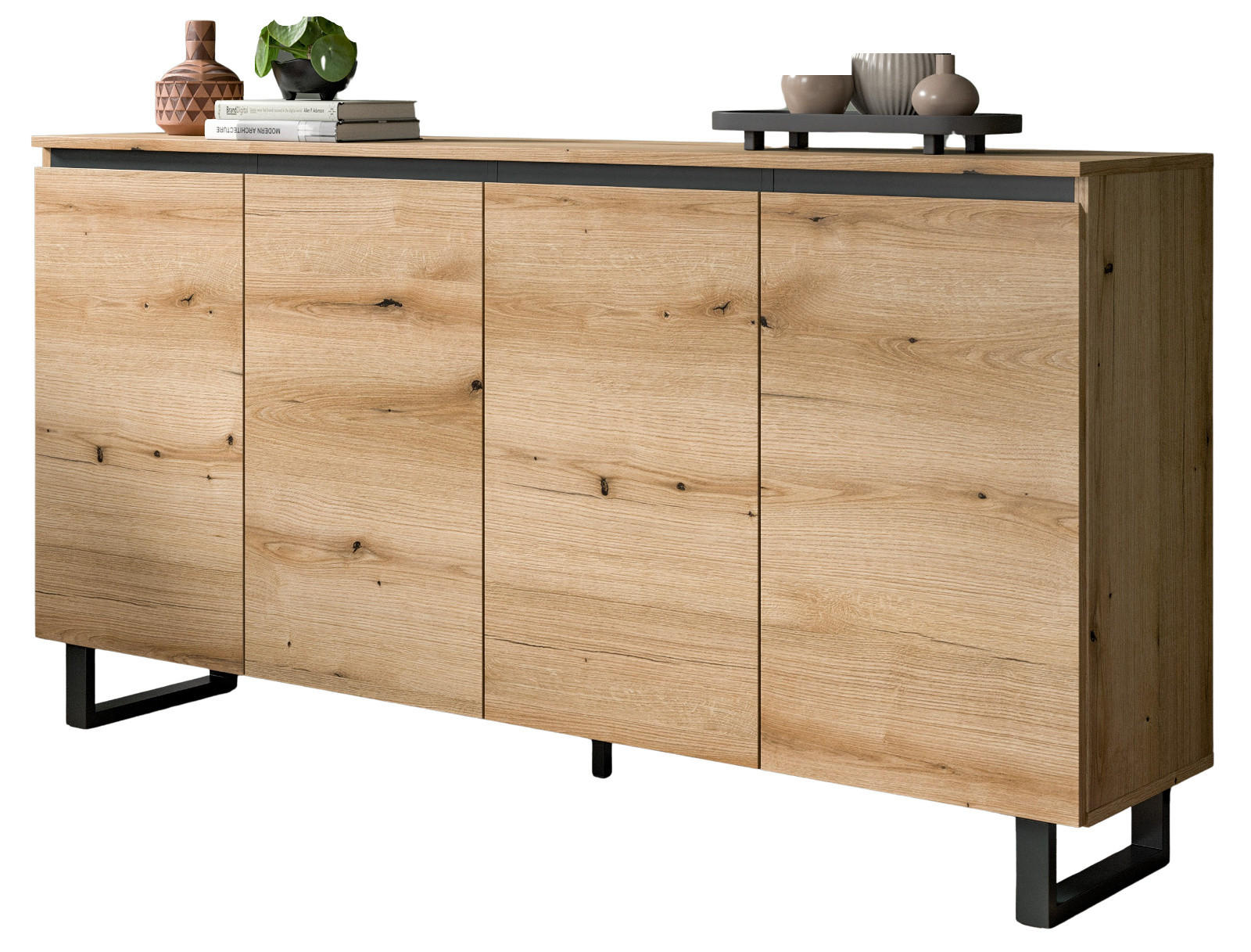 SIDEBOARD Evoke Eiche mit schwarz, Kommode 160 x 84 cm mit Soft-Close, Gelia - Eichefarben/Schwarz, Holzwerkstoff/Metall (160/84/36cm) - Inn.Furn