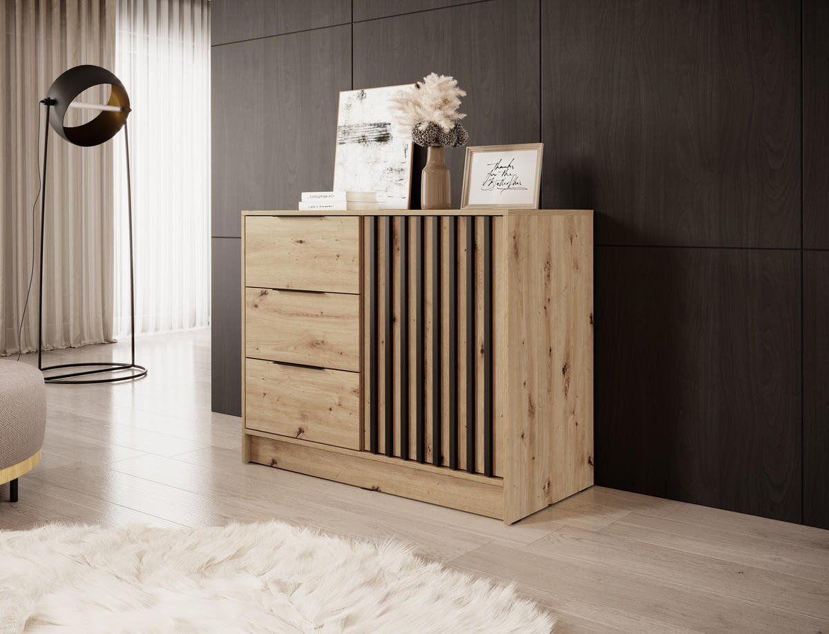 KOMMODE Nelly 2D, Eiche, Schwarzer Paspelierung, mit Schubladen - Schwarz/Eiche Artisan, Holzwerkstoff (105/86/45cm) - Bettso