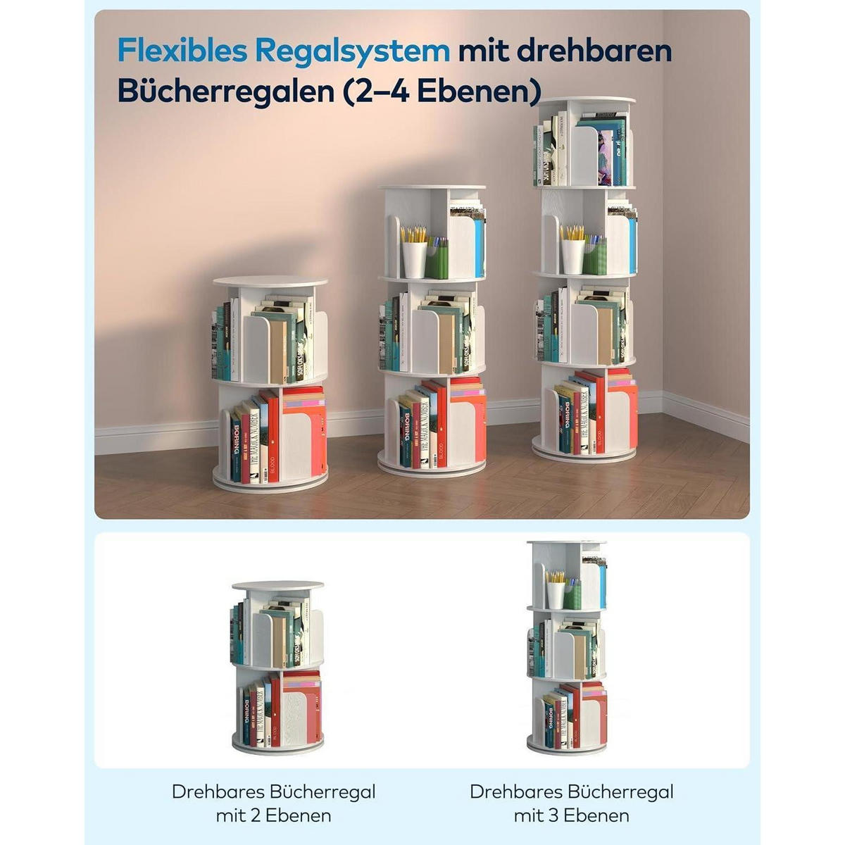 BÜCHERREGAL 360 Grad drehbar Weiß 4 Ebenen 40 x 136,2 cm - Weiß, Holzwerkstoff (40/136.2/40cm)