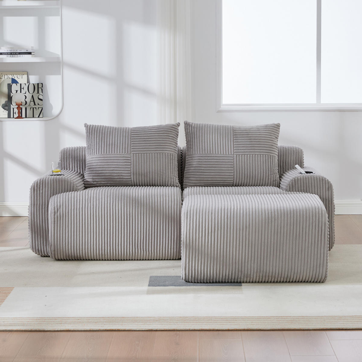 SOFA modular 2-Sitzer mit Hockern 200 x 174 cm Cord Hellgrau - Hellgrau, Kunststoff (174/200cm) - Meubliv