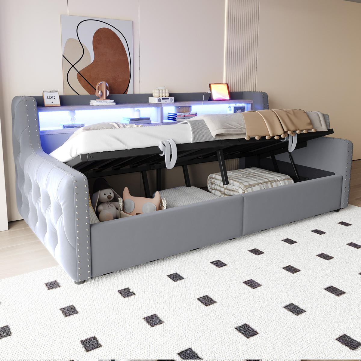 POLSTERBETT 90/200 cm aus Samt mit LED-Beleuchtung, Hellgrau - Hellgrau, Textil (90/200cm) - OKMYHOME