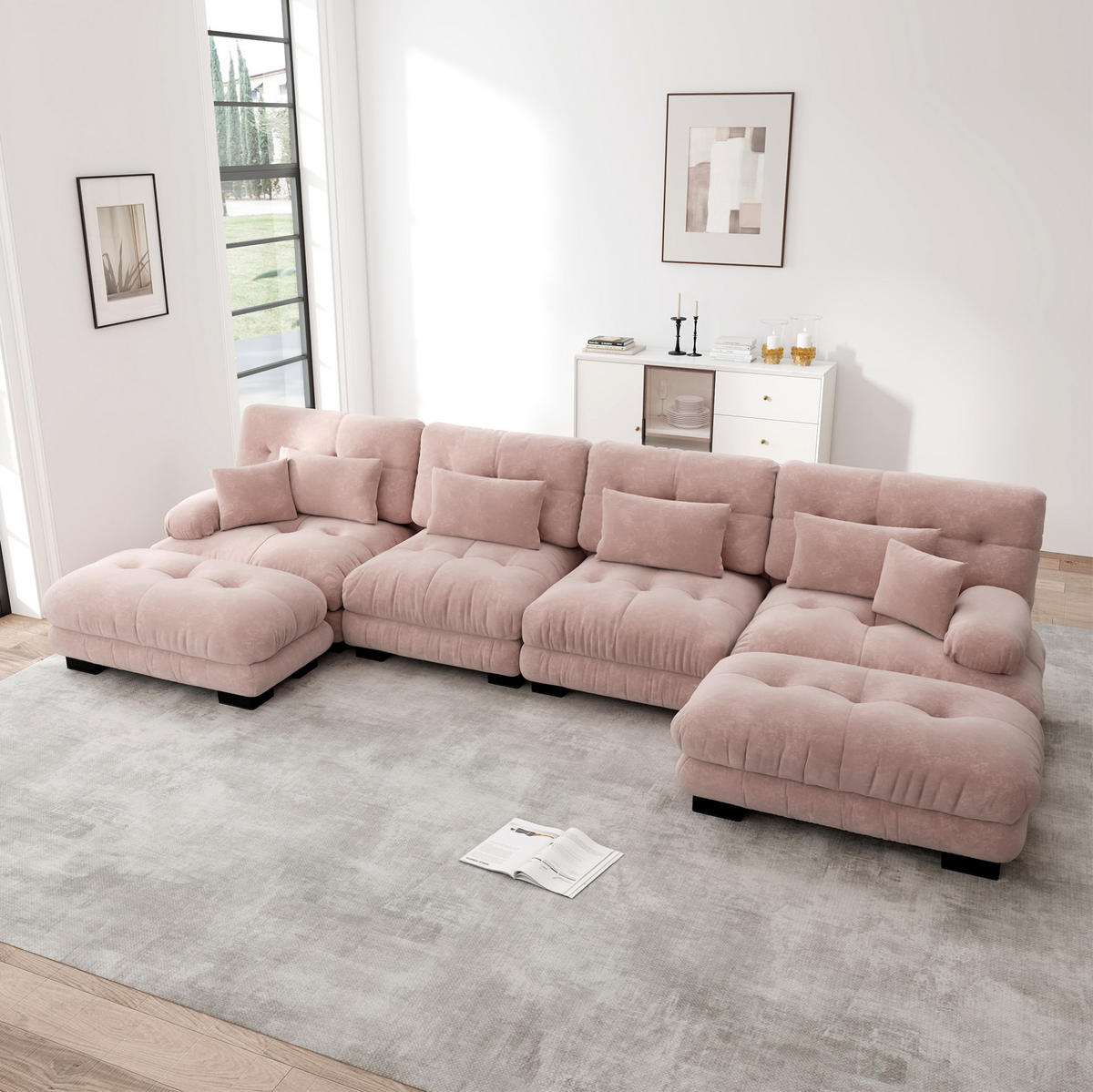 SOFA modular U- oder L-Form Chenille Pink mit beweglichen Ottomans - Pink, Kunststoff (145/81/406cm) - Meubliv