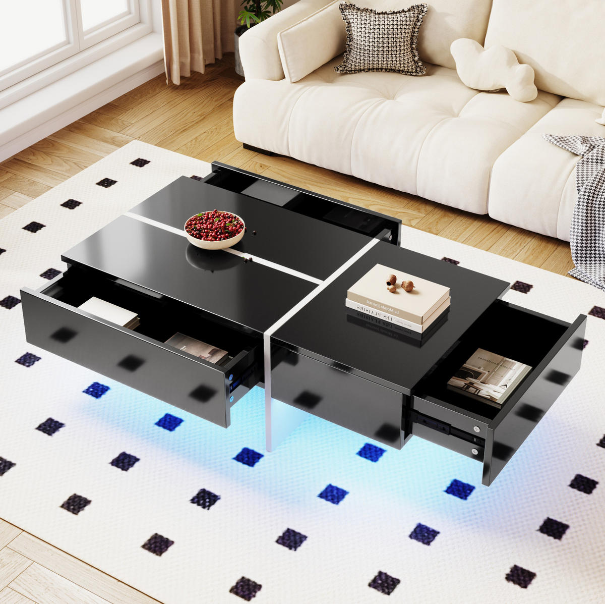 COUCHTISCH 100/50/34,5 cm in Schwarz Hochglanz mit 3 Schubladen und LED-Beleuchtung - Schwarz, Holzwerkstoff (100/50/34.5cm) - Flora Grace