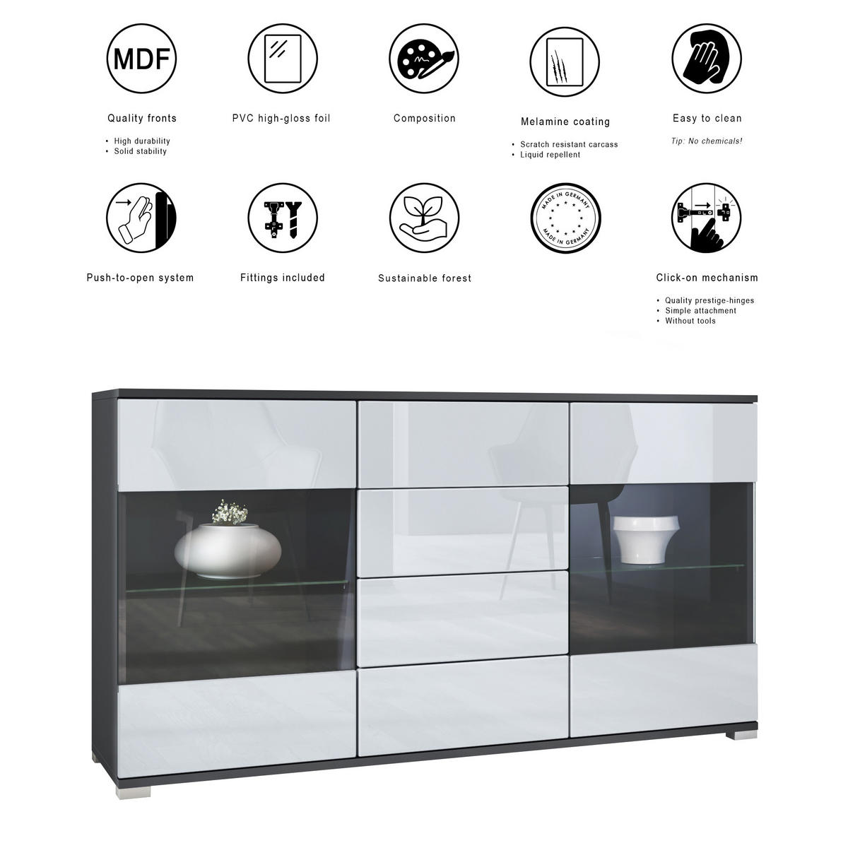 SIDEBOARD Bari Creme Hochglanz - Creme, Holzwerkstoff (138.5/75.5/35cm) - Vladon