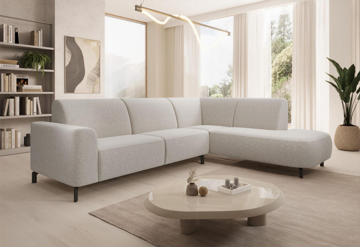 ECKSOFA Lununa Creme mit Armlehne, Bouclé, Ottomane rechts - Creme/Schwarz, Textil/Metall (218/277cm) - Selsey