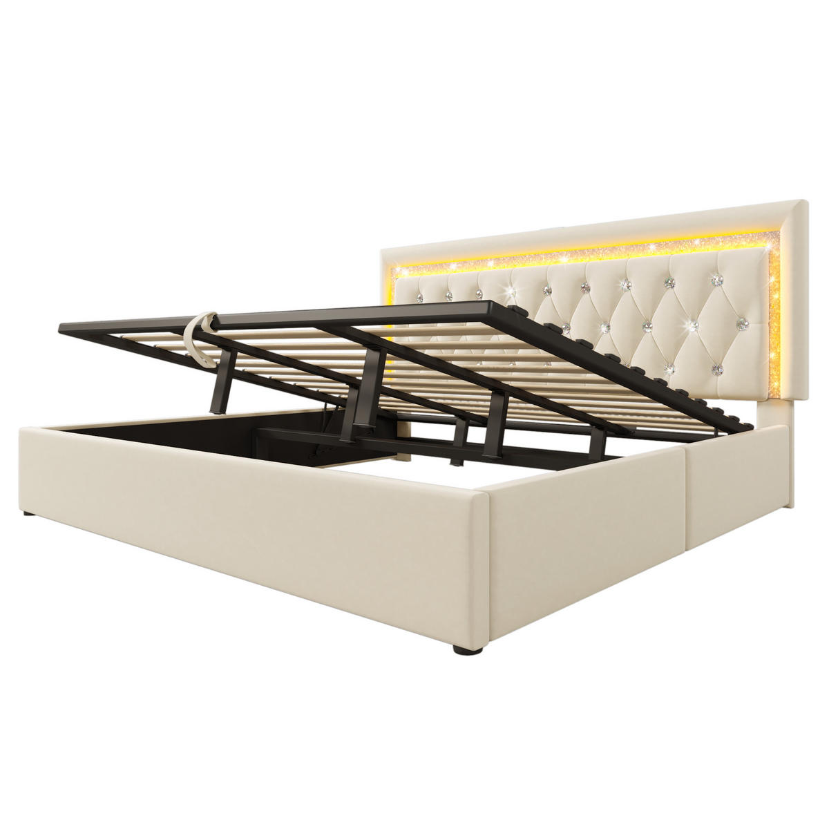 POLSTERBETT 180/200 cm Beige aus Samt mit LED-Beleuchtung und Stauraum - Beige, Textil (180/200cm) - OKWISH