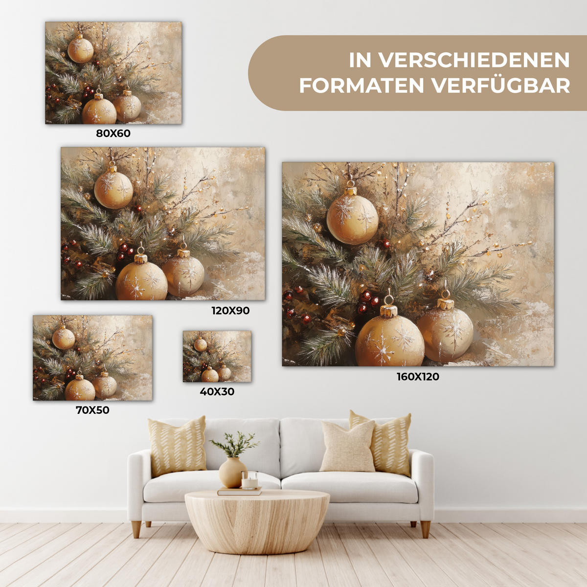 LEINWANDBILD Weihnachten - Kugeln - Beige - Gold 40x30 cm - Goldfarben, Textil (40/30cm) - MuchoWow