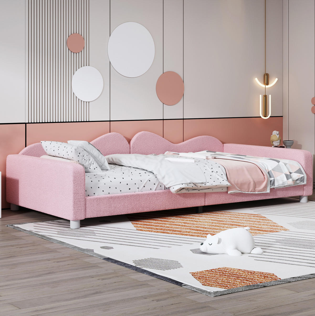 KINDERBETT 90/200 cm in Rosa mit Teddystoff und Rückenlehne - Rosa, Textil (90/200cm) - BEAOK