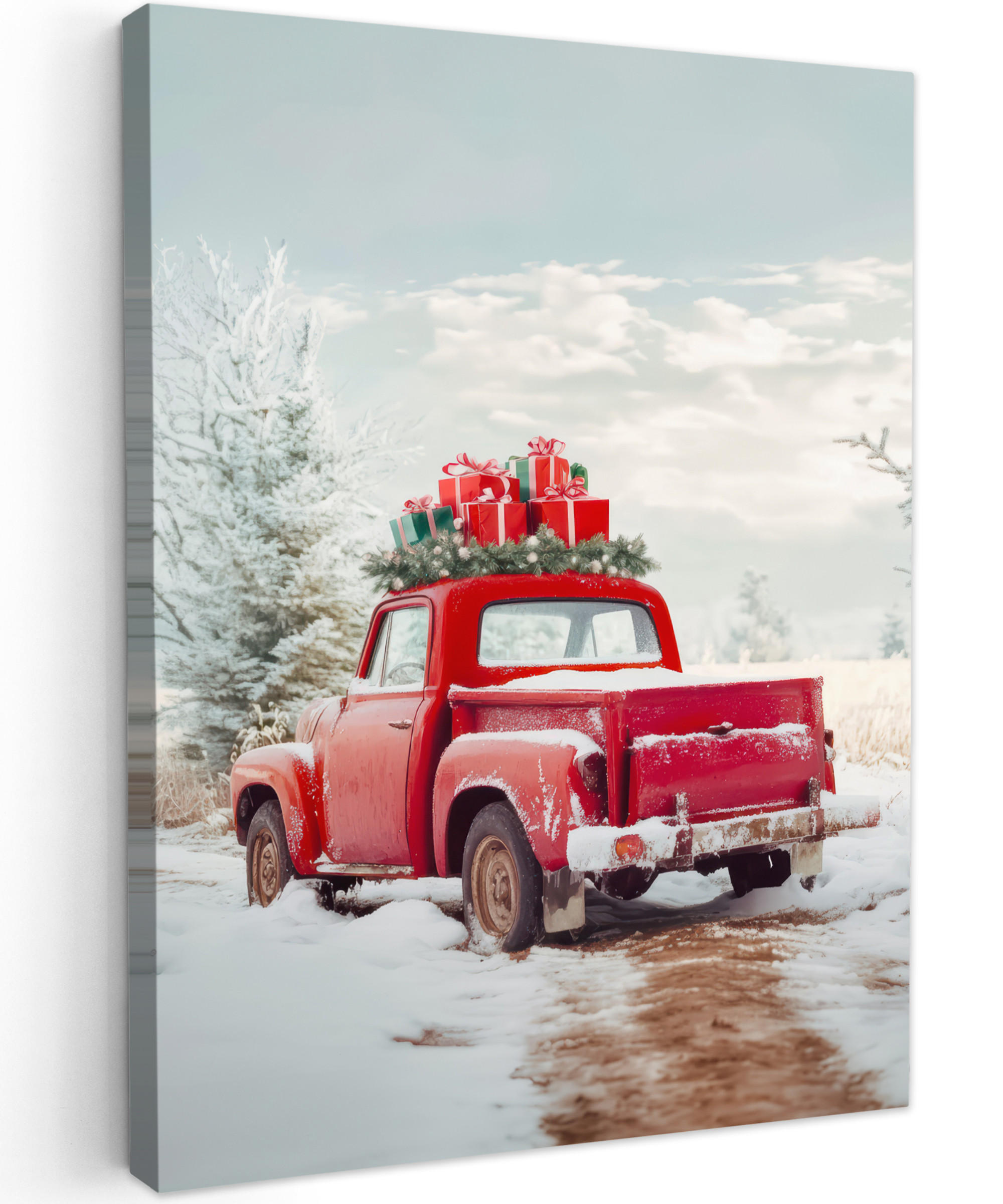 LEINWANDBILD Auto - Rot - Geschenke - Winter - Schnee - Weihnachten 60x80 cm - Rot, Textil (60/80cm) - MuchoWow