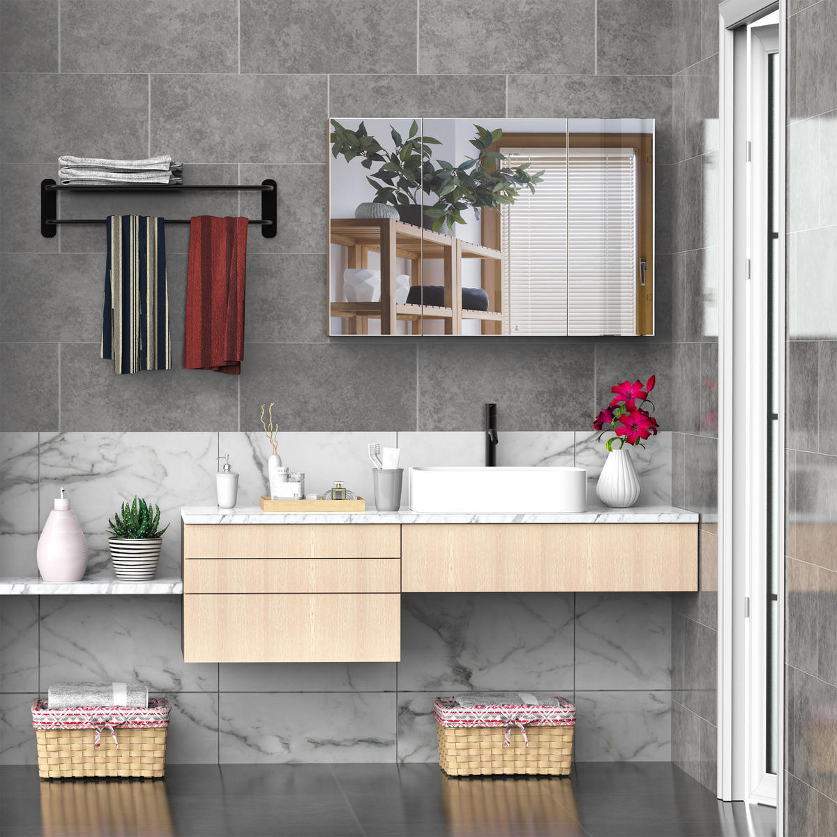 SPIEGELSCHRANK mit 3 sanft schließenden Spiegeltüren,90x13,5x60 cm ,Holzfarbe - Braun, Glas (90/135/60cm) - Vallsero