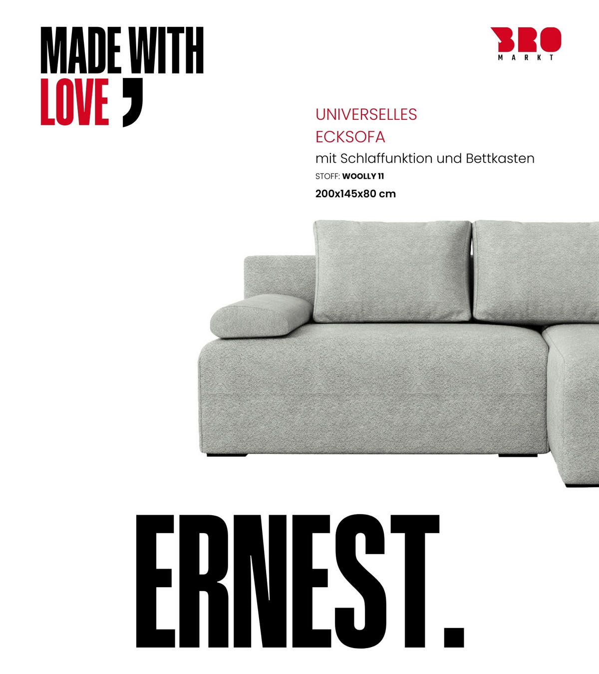 ECKSOFA Ernest mit Schlaffunktion Grau Bouclé - Grau, Textil (200/145cm) - Bromarkt