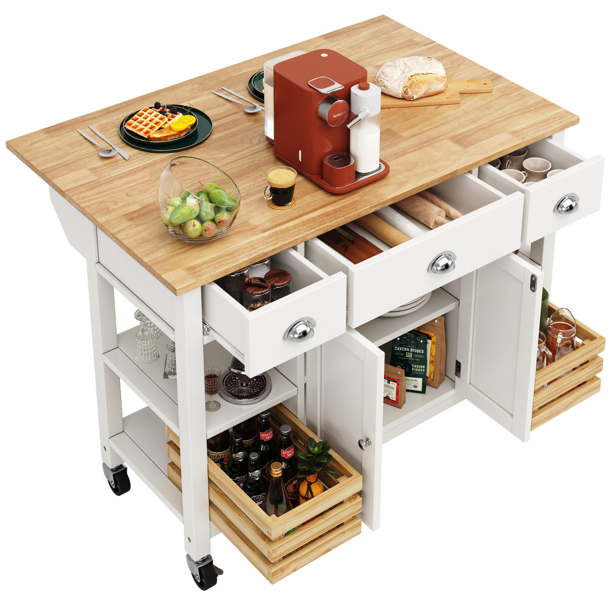 KÜCHENINSEL 120/45/90 cm Natur/Weiß aus MDF mit Klappplatte - Weiß, Holzwerkstoff (120/90/45cm) - OKWISH
