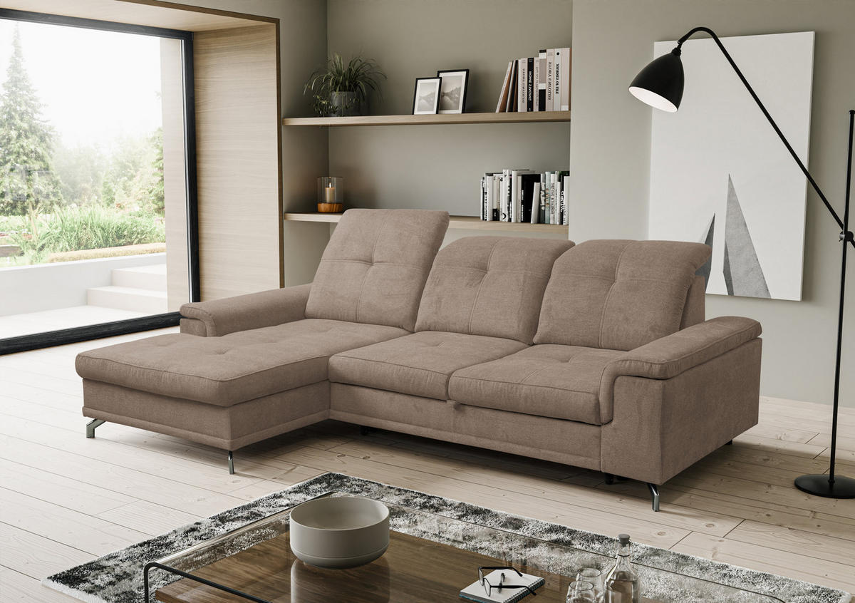 ECKSOFA PANAMA mit Schlaffunktion und Bettkasten, Farbe: Braun, Velourstoff, Ottomane Links - Braun, Textil (270/180cm) - VENASI MÖBEL