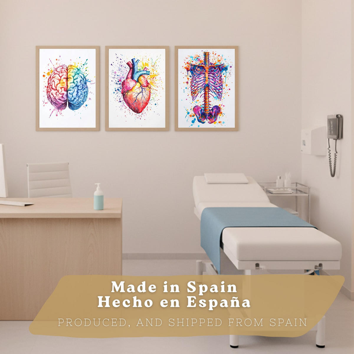 POSTER Set aus 3 Anatomie Mensch Drucke und Wandbilder mit Gehirn Herz Rippen Wirbelsäule Lebendiges Aquarell Design Größe Leichter Holzrahmen A3 - Beige, Papier (29.7/42/3cm) - Nacnic