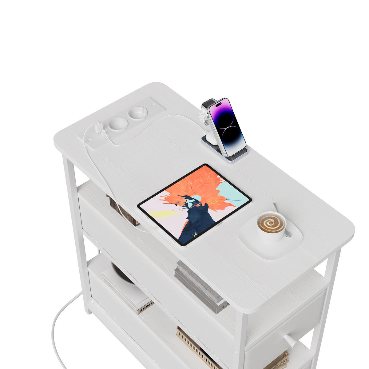 NACHTTISCH LED USB 2 Schubladen 2 Fächer weiß - Weiß, Holz (58/28/60.5cm) - LEBENLANG