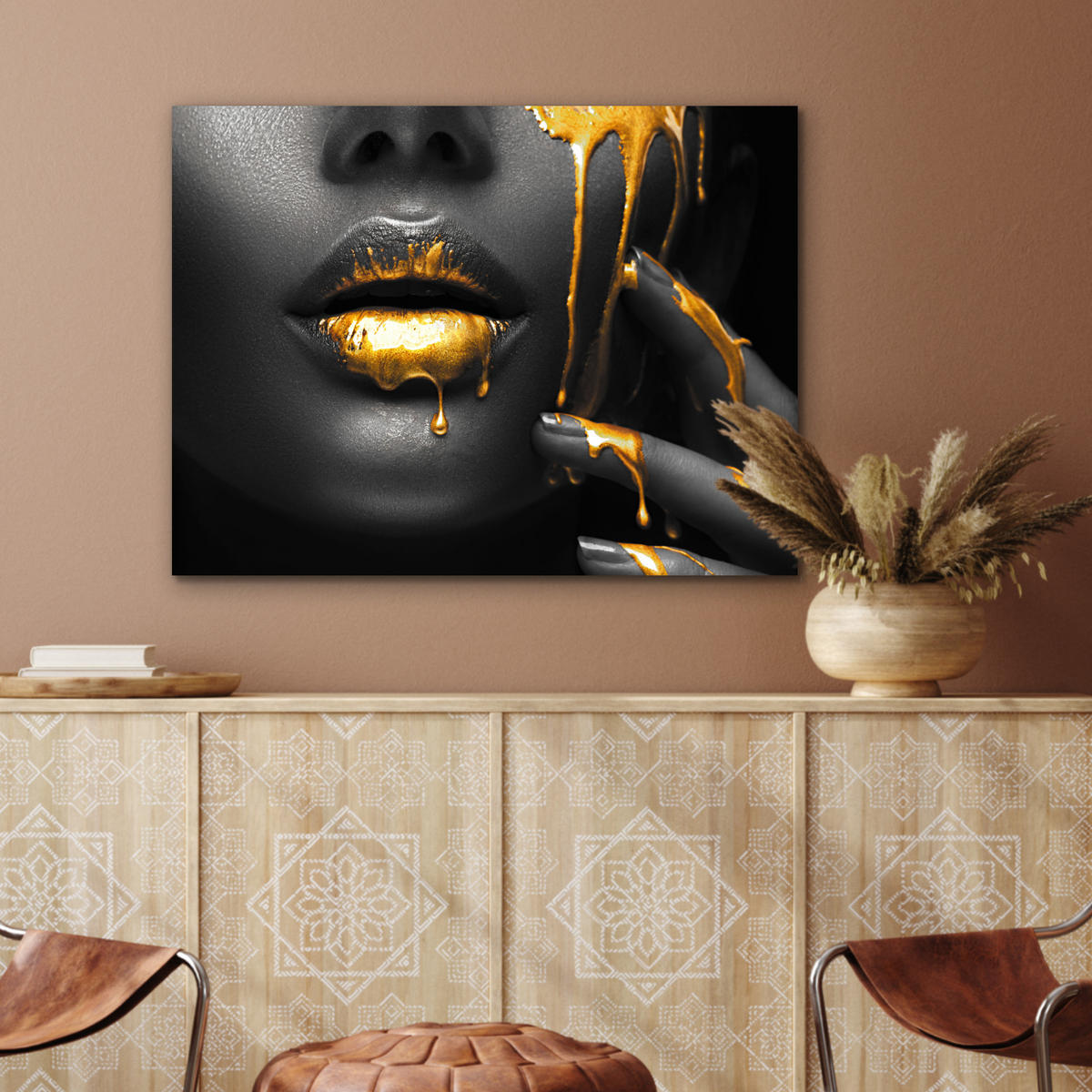 METALLBILD Frau - Schwarz - Gold - Gesicht - Lippen 80x60 cm - Goldfarben, Metall (80/60cm) - MuchoWow