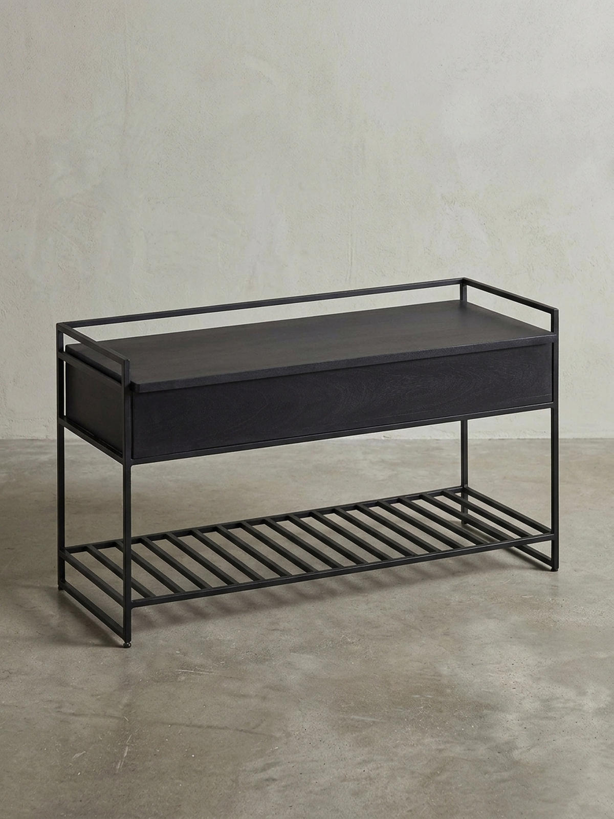 FLURBANK Holz Metall Sitzfläche hochklappbar, Schwarz 90x38x52 cm - Schwarz, Holz/Metall (90/52/38cm) - KADIMA DESIGN