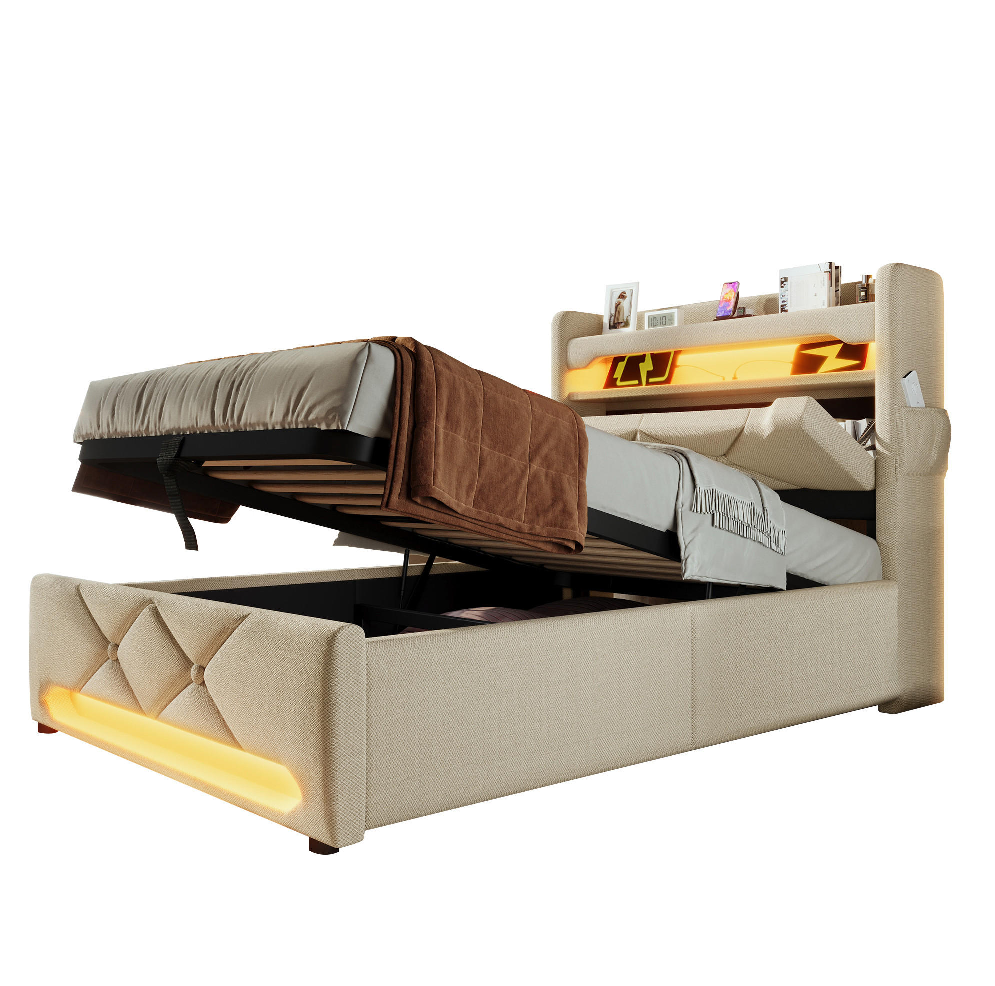 POLSTERBETT aus Leinen 90x200 cm in Beige mit LED & USB/Typ-C - Beige, Textil (90/200cm) - Modfu