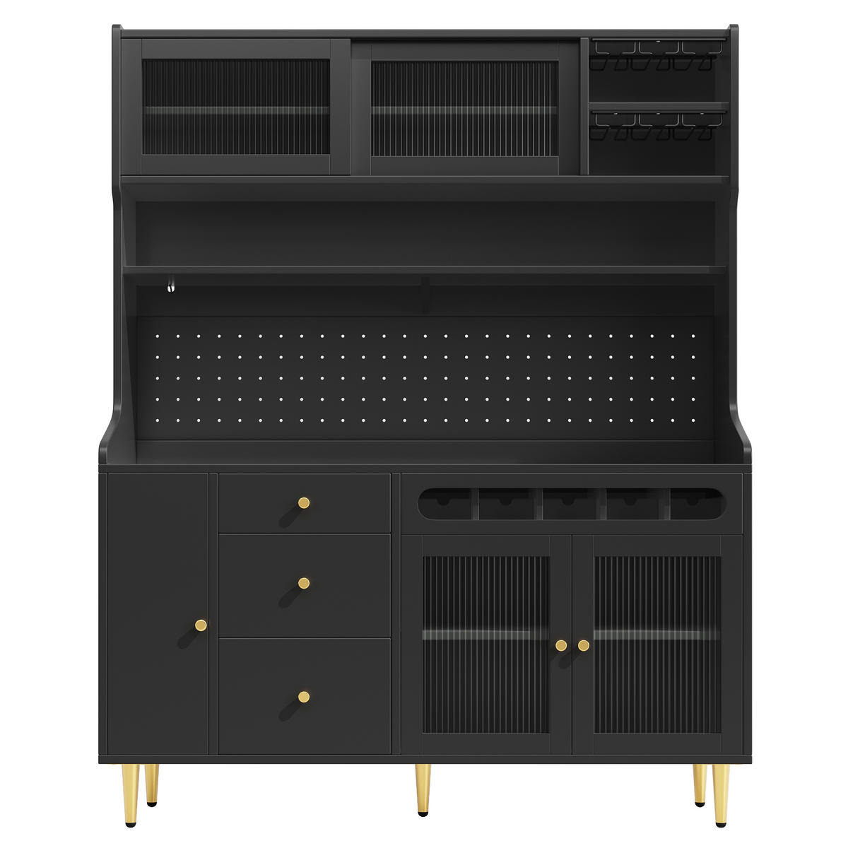 BUFFET mit LED-Beleuchtung, Weinregal und verstellbaren Böden - Goldfarben/Schwarz, Glas/Holzwerkstoff (145/171/39cm) - EVRYAE
