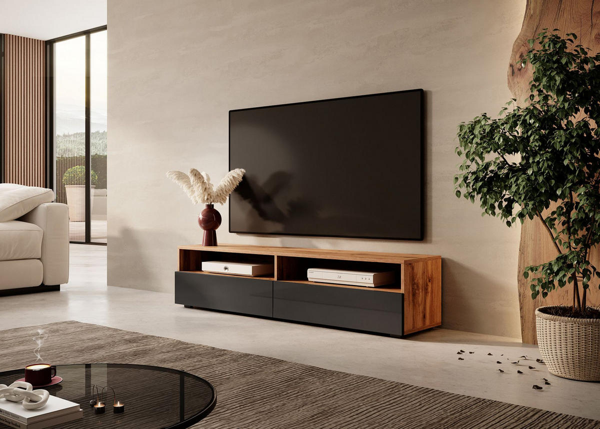 TV-LOWBOARD Rednaw mit LED Eiche/Schwarz Hochglanz 140 cm - Eiche Wotan/Schwarz, Holzwerkstoff (140/30/31cm) - Selsey