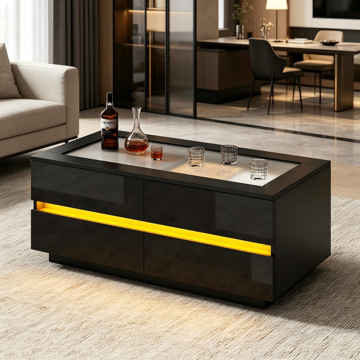 COUCHTISCH mit gehärteter Glasplatte, 4 Schubladen und LED-Beleuchtung Hochglanz Schwarz - Schwarz, Glas/Holzwerkstoff (100/50/40cm) - EVRYAE
