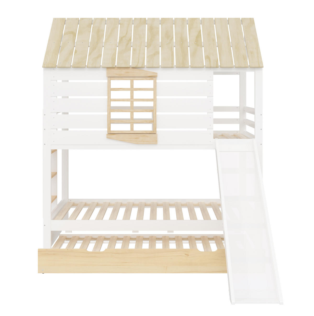 ETAGENBETT 90/200 cm Weiß aus Kiefer mit Rutsche und Ausziehbett - Weiß, Holzwerkstoff (90/200cm) - OKWISH