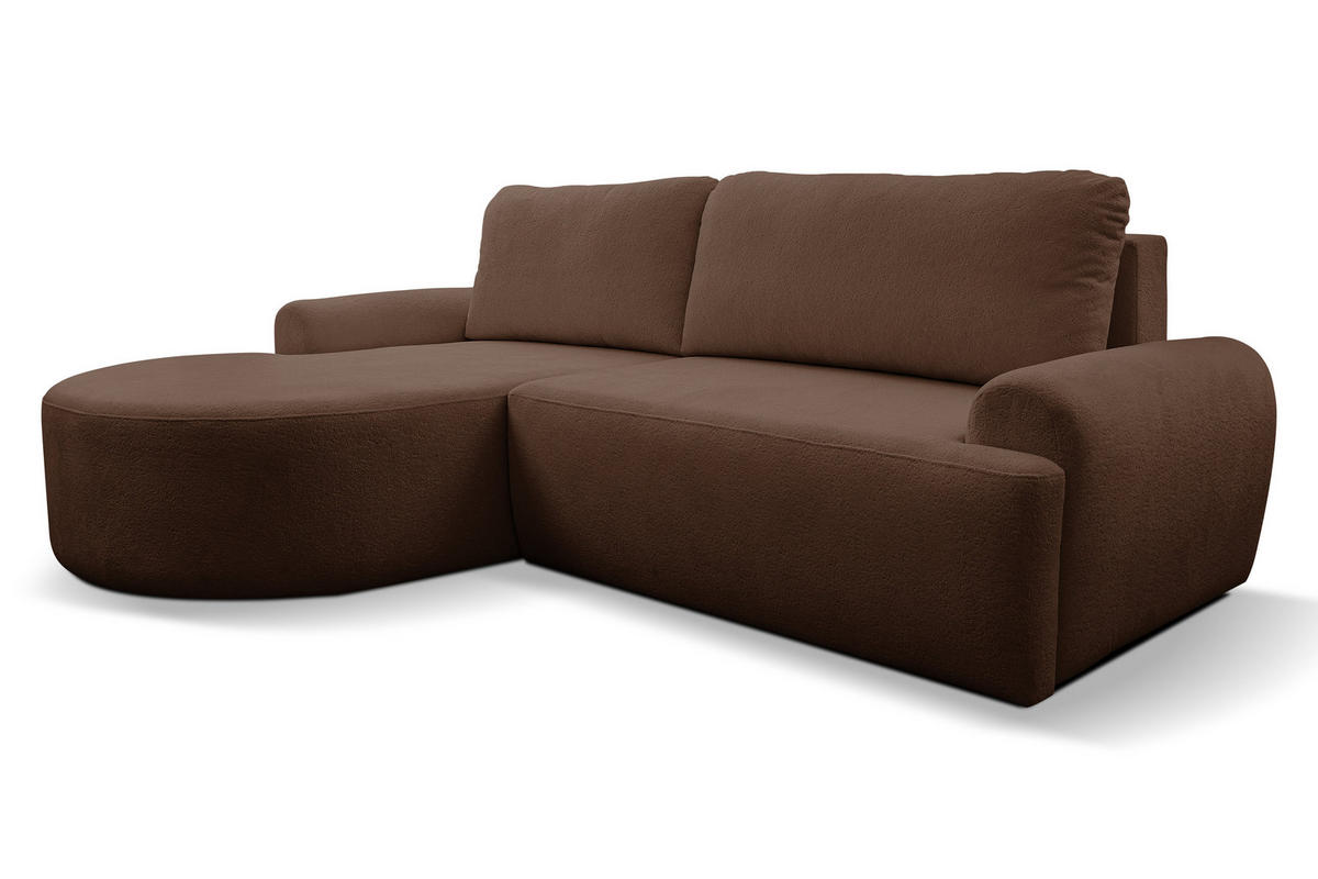 ECKSOFA Dream in L-Form mit Schlaffunktion und Bettkasten, Farbe: Dunkelbraun, Bouclé-Stoff, Ottomane Links - Dunkelbraun, Textil (136/260cm) - VENASI MÖBEL