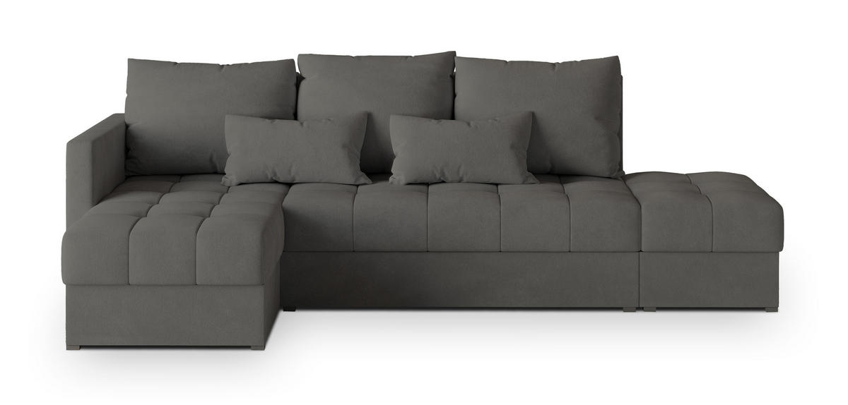 ECKSOFA LUMARI L-S Grau Plüsch-Stoff mit Schlaffunktion - Grau, Holz (262/143cm) - MASSENO