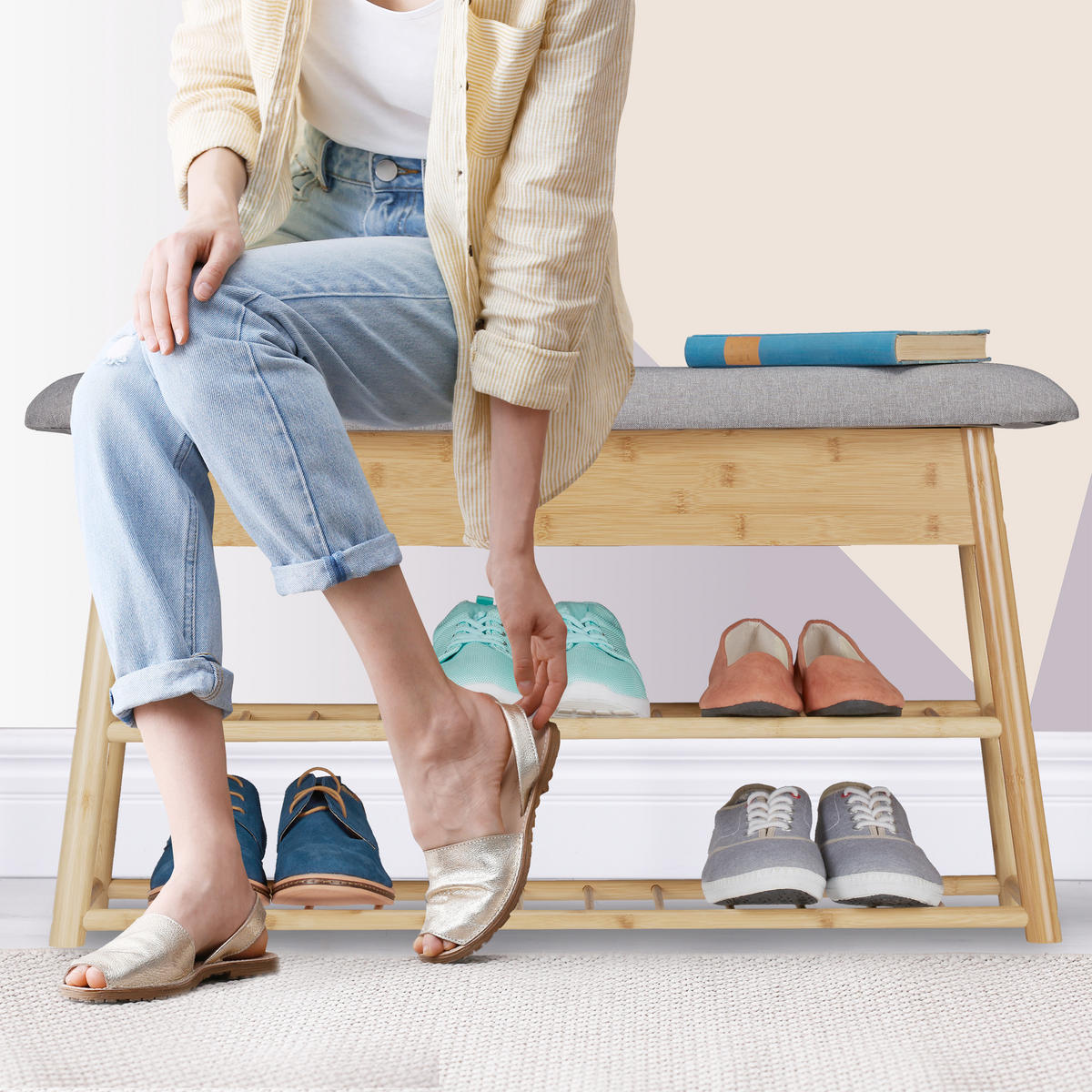 SCHUHBANK Stauraum - Hellbraun, Holz/Textil (90/48/28cm) - Relaxdays