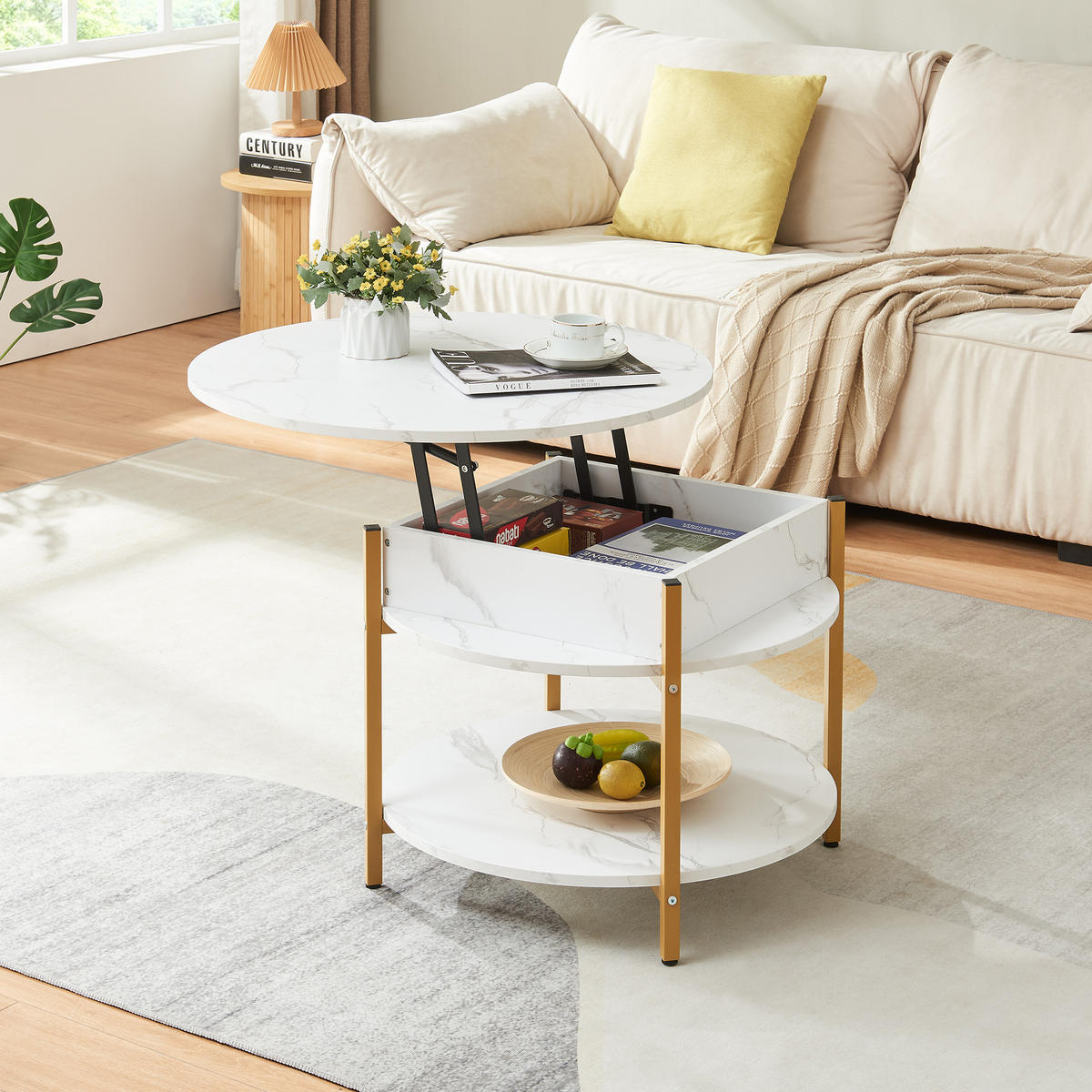 COUCHTISCH Kandas 70/49 cm - Goldfarben/Weiß, Holzwerkstoff/Metall (70/70/49cm) - [en.casa]
