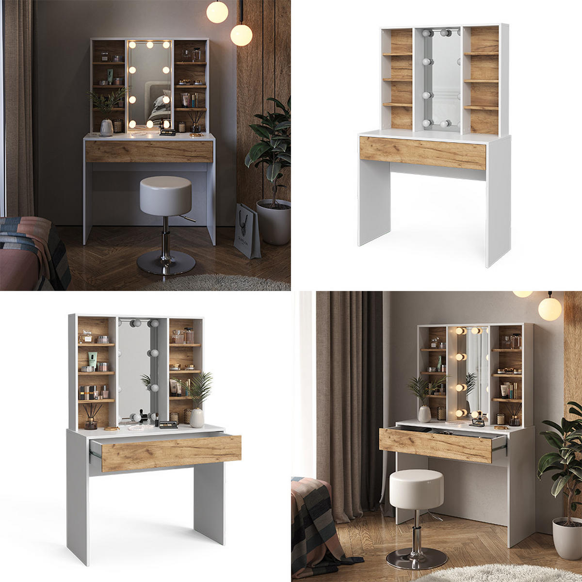 SCHMINKTISCH Alexa Goldkraft Eiche/Weiß 93 cm mit LED Beleuchtung - Honigeiche/Weiß, Holzwerkstoff (93/147/40cm) - Vicco