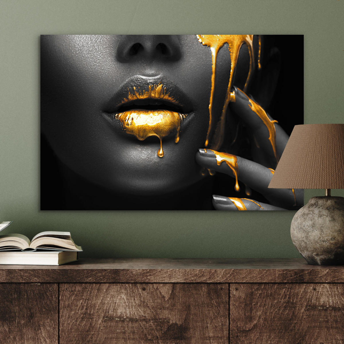 METALLBILD Frau - Schwarz - Gold - Gesicht - Lippen 60x40 cm - Goldfarben, Metall (60/40cm) - MuchoWow