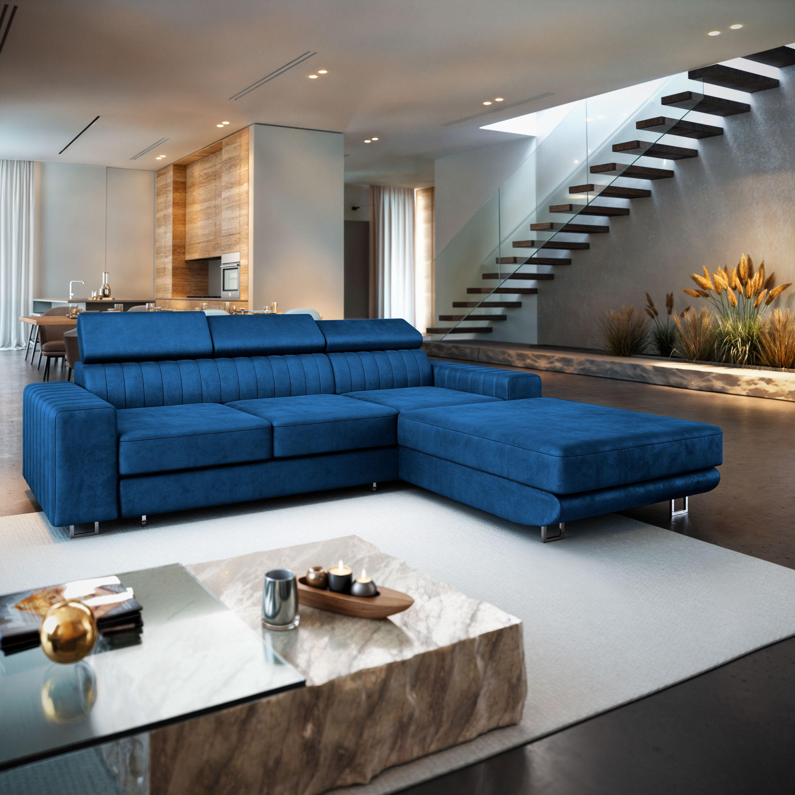 Thumbnail - Masseno Ecksofa, Blau, Textil, 3-Sitzer, L-Form,L-Form, 267x190 cm, Wohnzimmer, Sofas & Couches, Wohnlandschaften, Eckso...