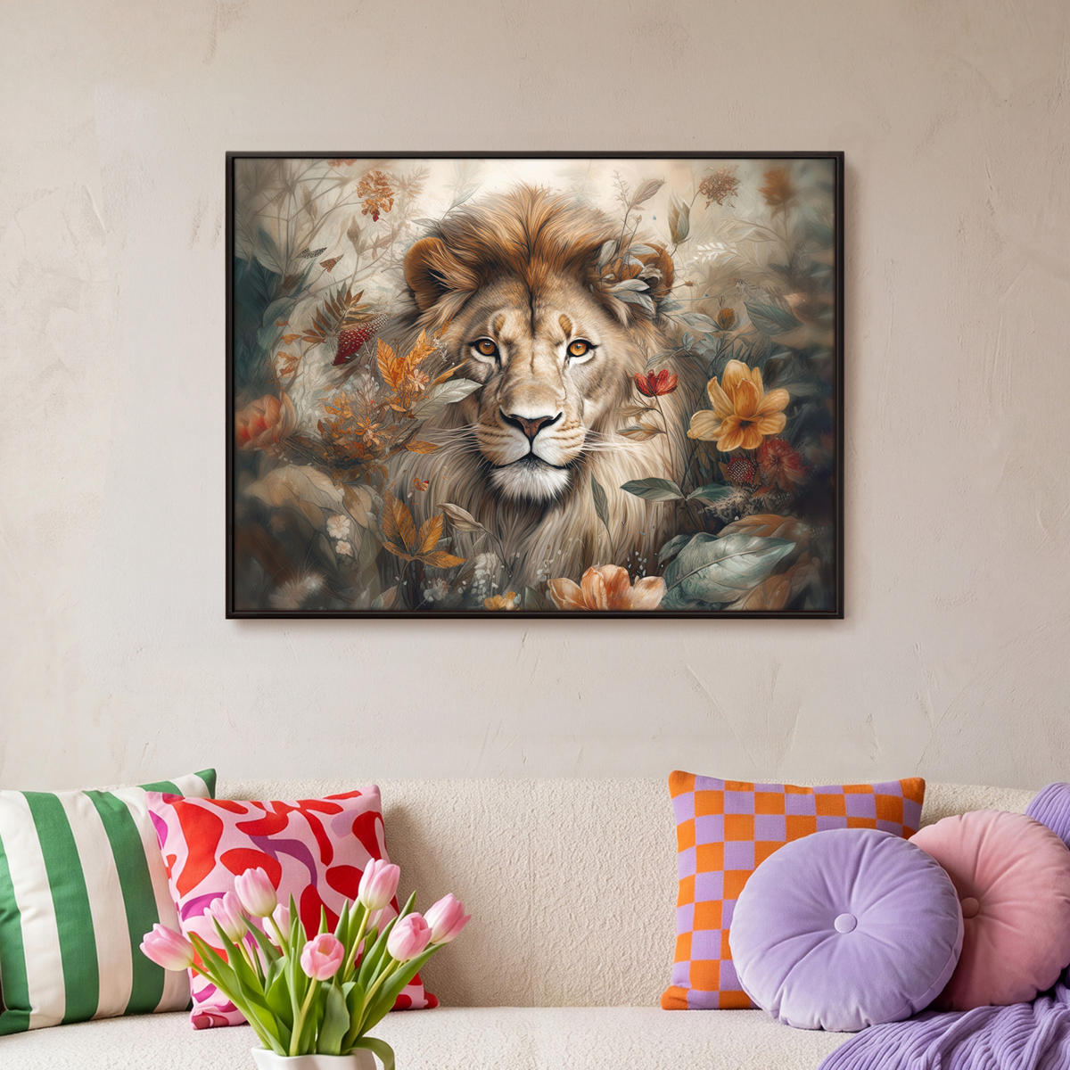 LEINWAND Bilder mit Rahmen - Löwe - Wildtiere - Pflanzen - Natur - Blumen - 70x50 - Beige, Textil (70/50cm) - MuchoWow