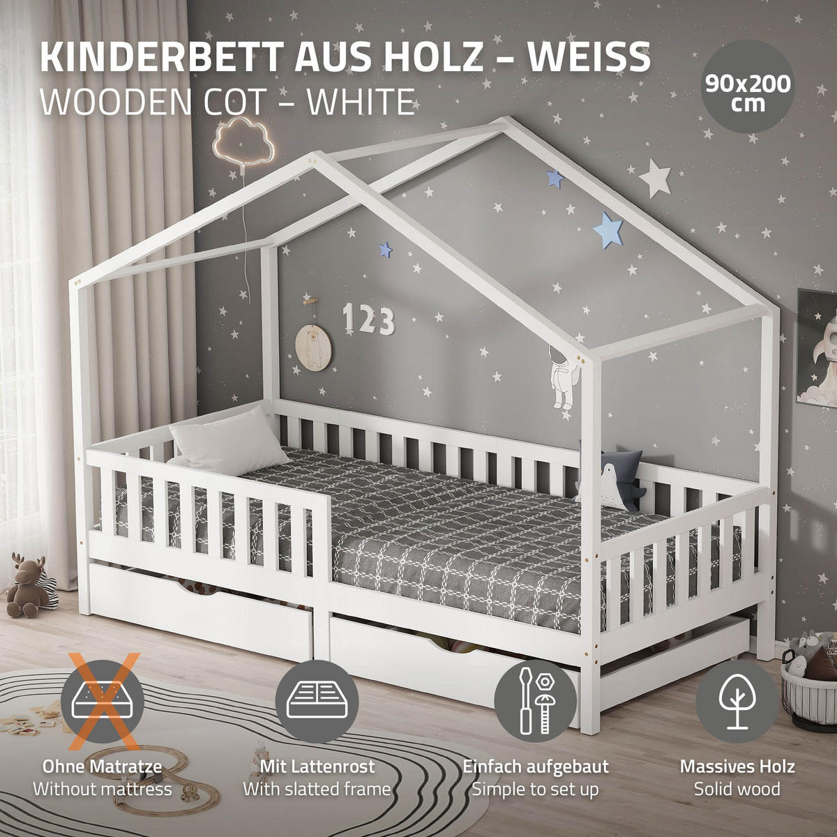 HAUSBETT 90x200 cm Weiß aus Kiefernholz mit 2 Schubladen und Rausfallschutz - Weiß, Holz (90/200cm) - ML-DESIGN