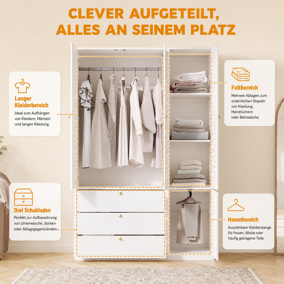 KLEIDERSCHRANK Weiß 3 Lamellentüren 3 Schubladen 2 Kleiderstangen Hosenhalter - Weiß, Holzwerkstoff (135/200/50cm) - Urban Meuble