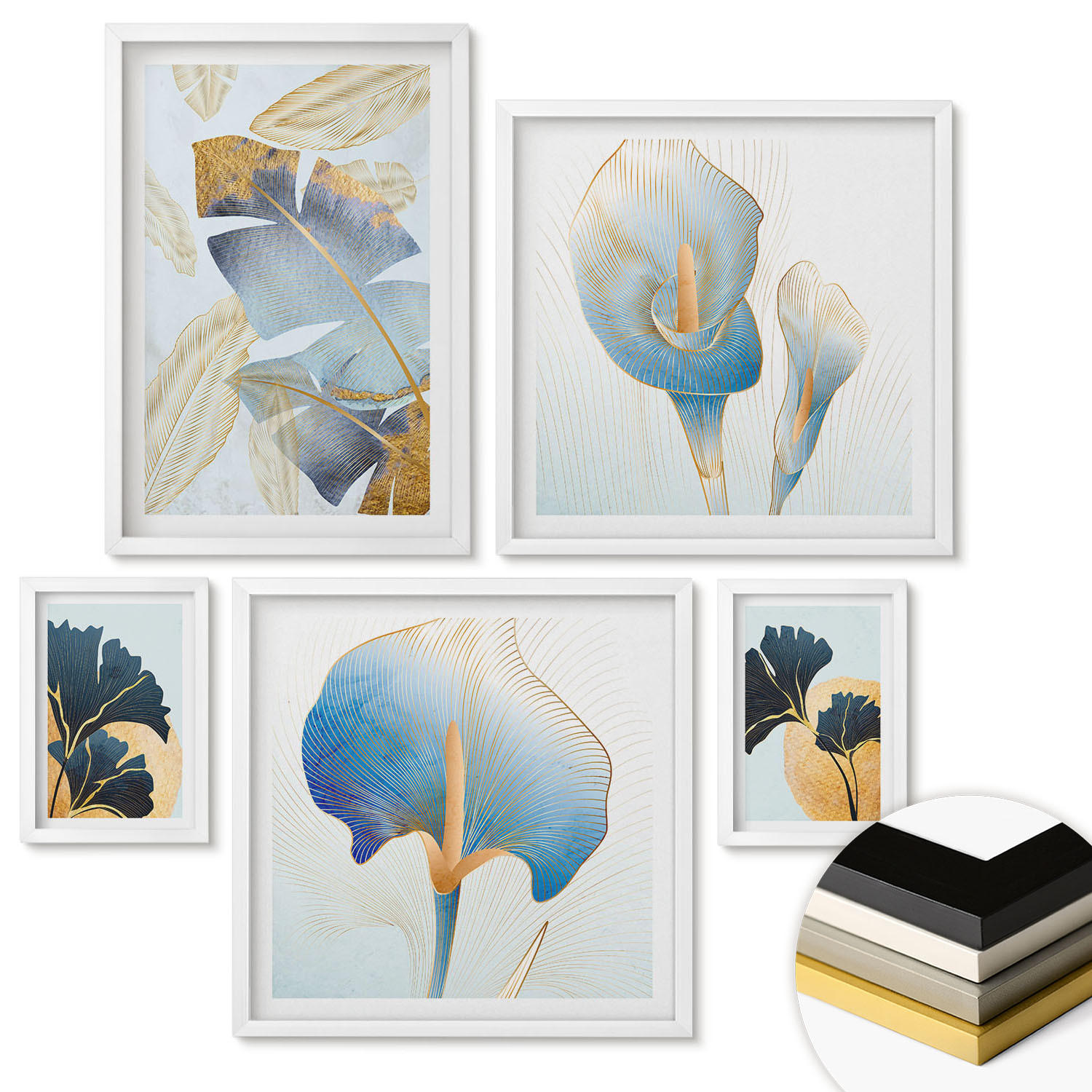 WANDBILDER 5er-Set - 50x50 cm & 20x30 cm & 40x60 cm Weißer Rahmen - Zitronenweinporträt Kahlo - Weiß, Kunststoff (40/60cm) - ArtPrintCave