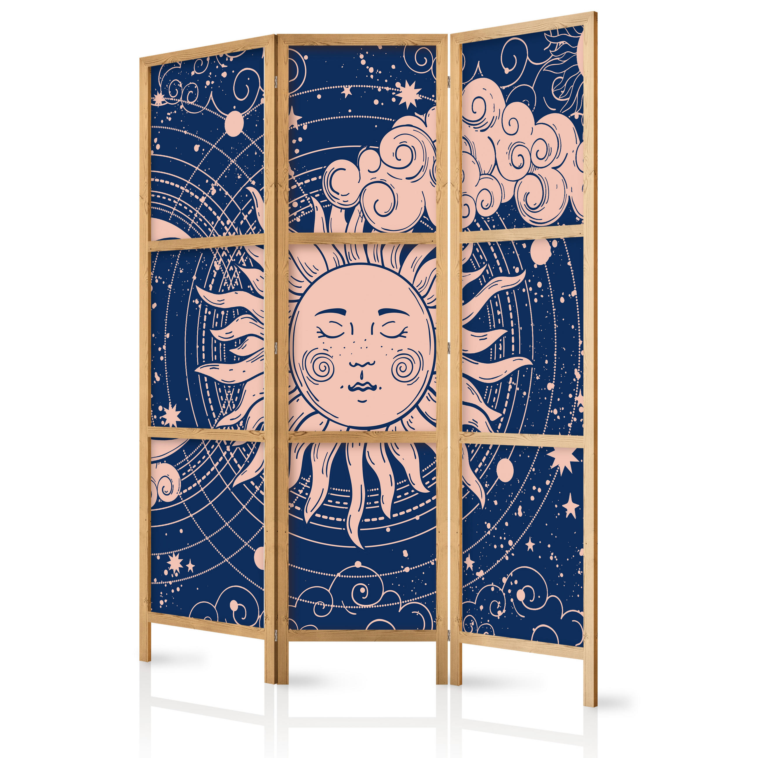 PARAVENT Japanischer 3-tlg 135x172 cm Sonne Und Wolken - Blau, Holz/Textil (135/172/3cm) - Muralo