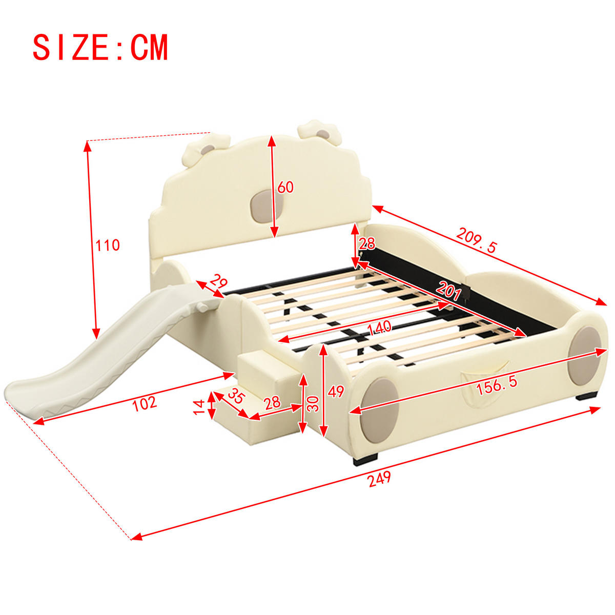 KINDERBETT 140x200cm Beige Cartoon Bärenbett mit Rutsche und Leiter - Beige, Holz (140/200cm) - FLIEKS
