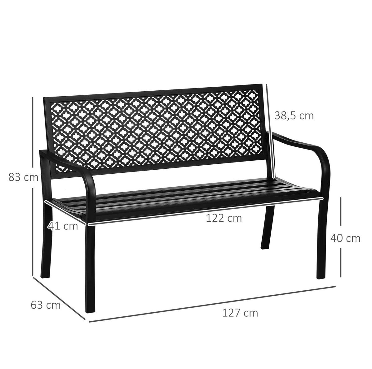 ZAHRADNÍ lavička z oceli 127x63x83 cm černá pro 2 osoby s opěradlem, područkami a nosností 240 kg - černá, kov (127/83/63cm) - Modfu