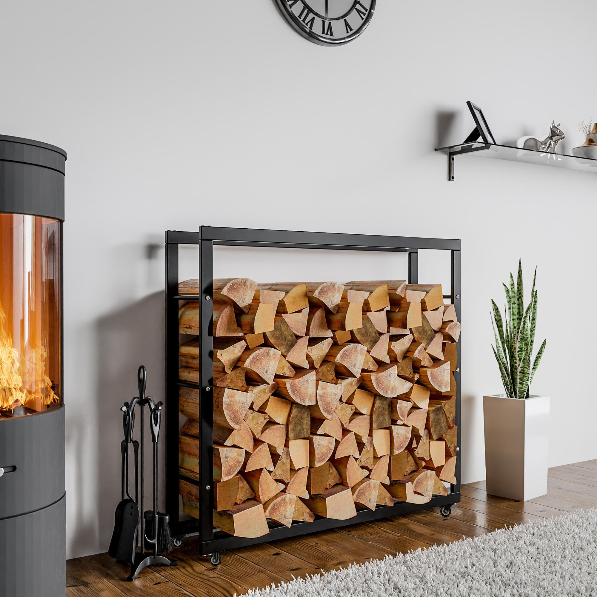 KAMINHOLZREGAL innen Metall SATLO Kaminholzständer mit Rollen Schwarz 25x125x150 cm - Schwarz, Metall (125/150/25cm) - DELUKE