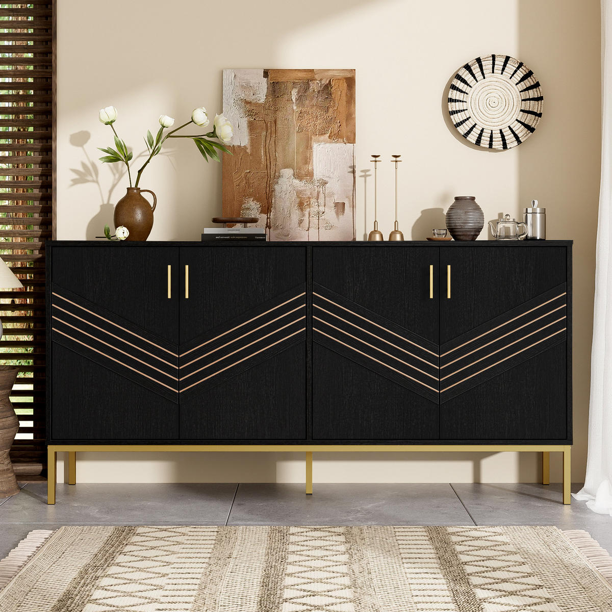 SIDEBOARD 160/40/80,5 cm mit 4 Türen in Schwarz mit goldfarbenen Metallakzenten - Schwarz, Holzwerkstoff (160/80.5/40cm) - BEAOK