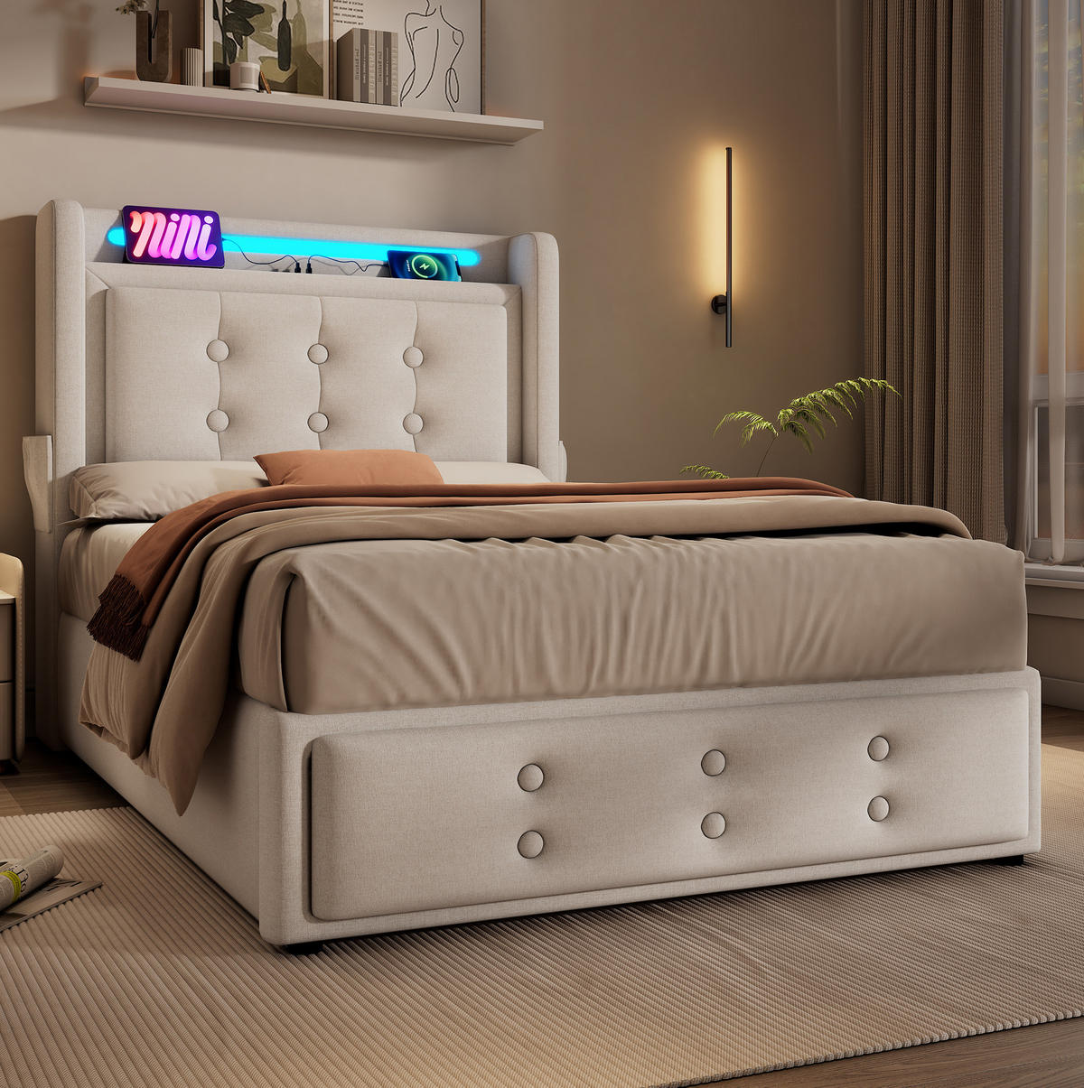 POLSTERBETT 90/200 cm Beige mit Stauraum, LED-Beleuchtung und USB- und Type-C-Anschlüssen - Beige, Textil (90/200cm) - Flora Grace